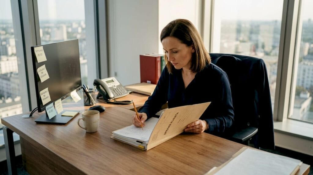 Prawnik analizuje dokumenty dotyczące zadłużenia przy swoim biurku.