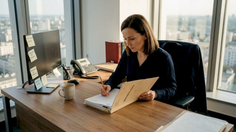 Prawnik analizuje dokumenty dotyczące zadłużenia przy swoim biurku.