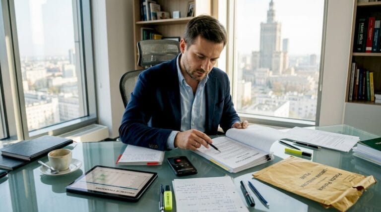 Przedsiębiorca analizuje dokumenty prawne związane z restrukturyzacją firmy.