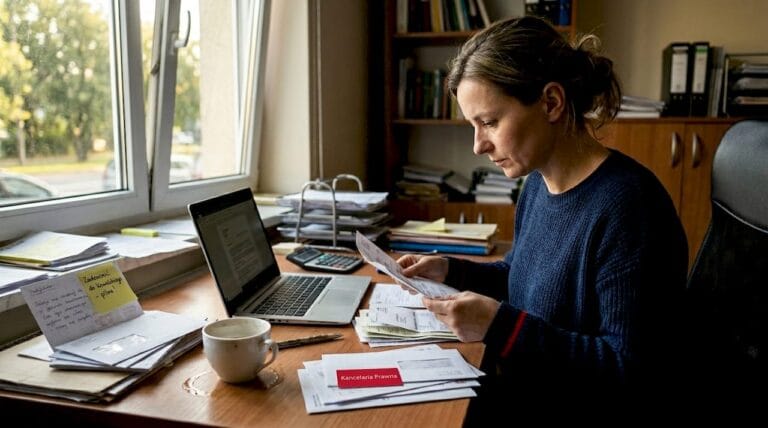 Przy biurku siedzi kobieta, która uważnie analizuje pisma związane z windykacją.