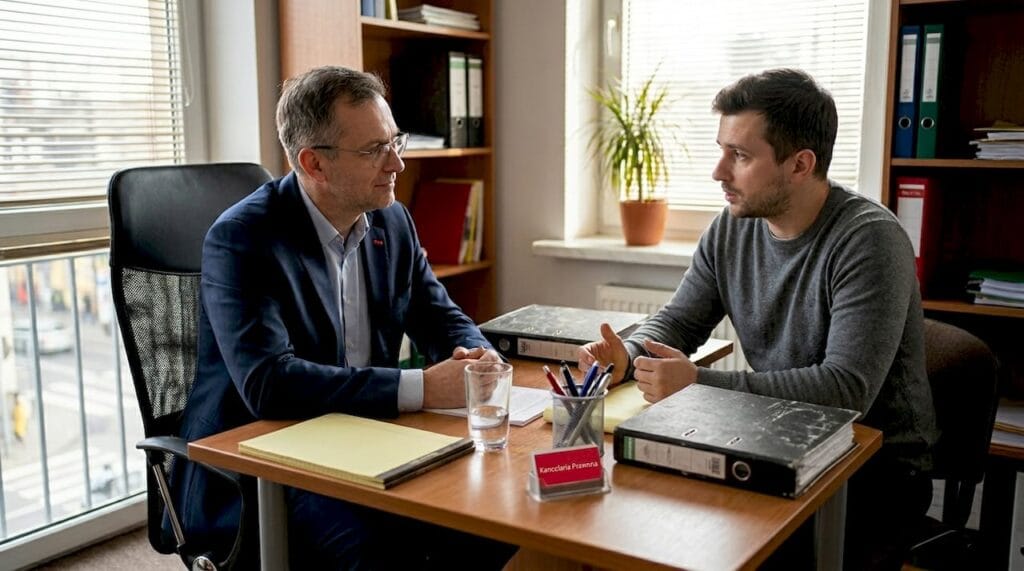 Prawnik udziela porady osobie mającej problemy z długami.