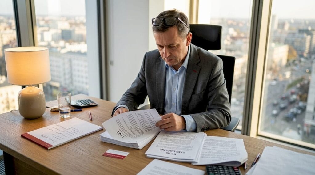 Prawnik analizuje dokumenty dotyczące zadłużenia w swoim biurze.