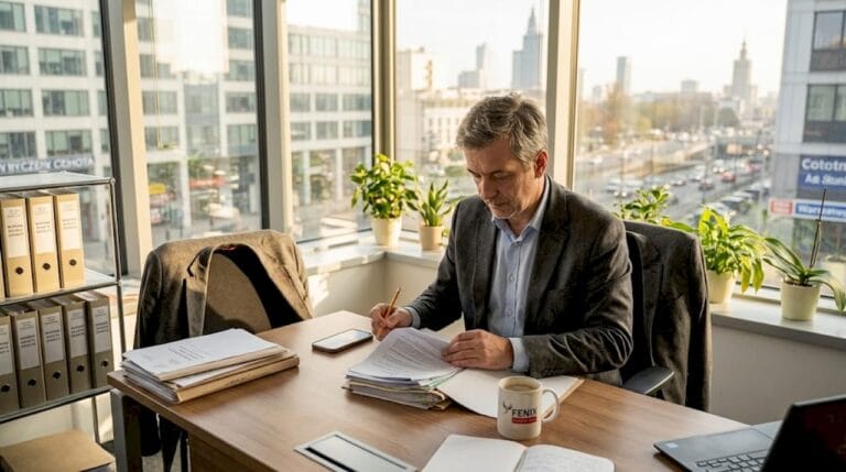 Adwokat przegląda dokumenty przy swoim biurku.