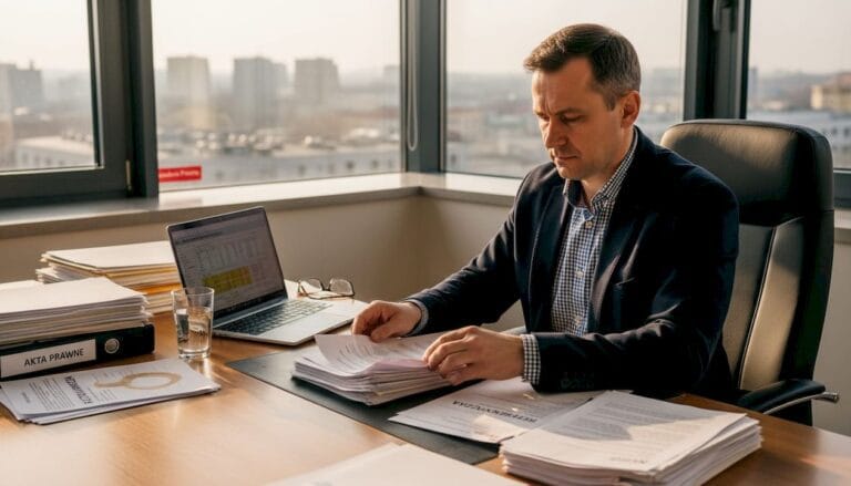 Przedsiębiorca analizuje dokumenty związane z restrukturyzacją w swoim biurze.