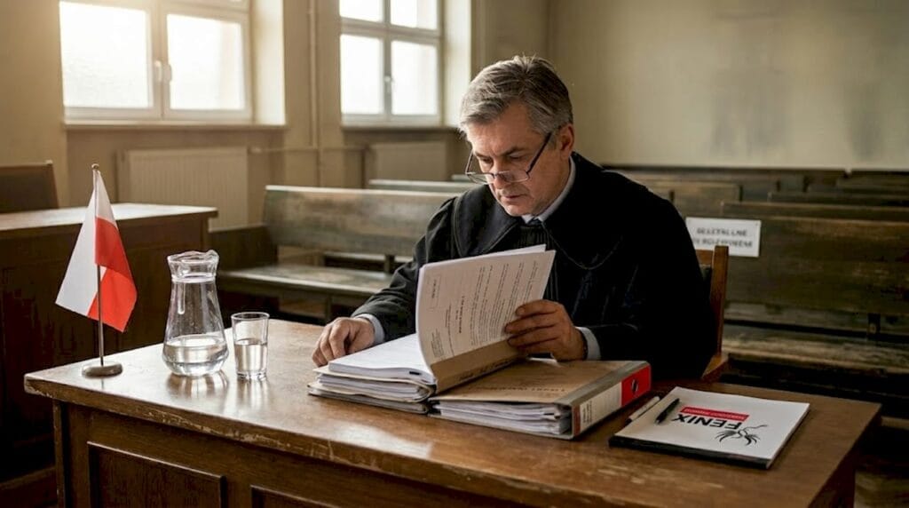 Sędzia zapoznaje się z dokumentacją sprawy upadłościowej przy swoim biurku.