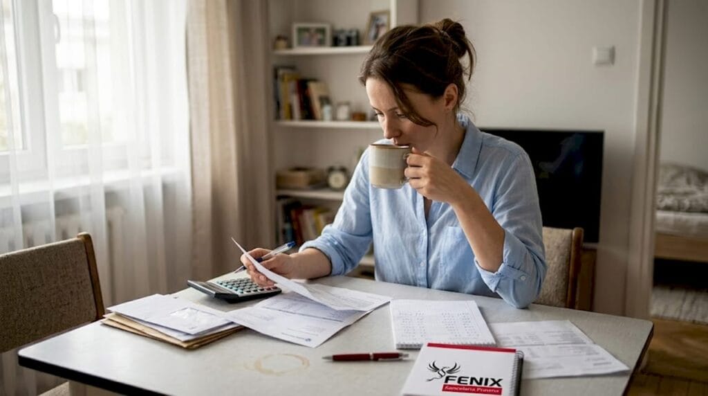 Kobieta przegląda dokumenty kredytowe w swoim domu.