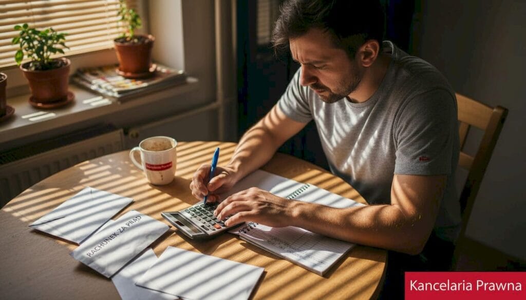 Mężczyzna siedzi przy kuchennym stole i przegląda rachunki, skrupulatnie planując domowy budżet.