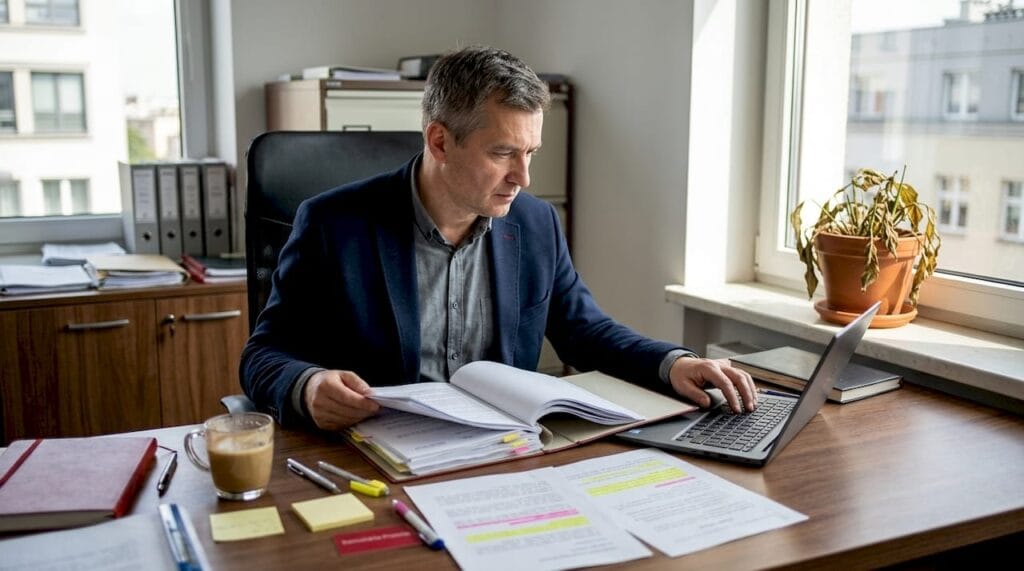 W swoim biurze przedsiębiorca dokładnie przegląda ważne dokumenty.