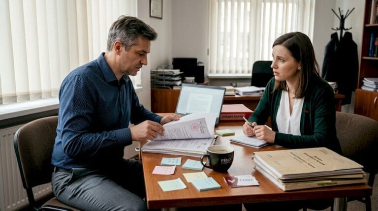 Prawnik udzielający porady klientce przy stole, obok leżą dokumenty.