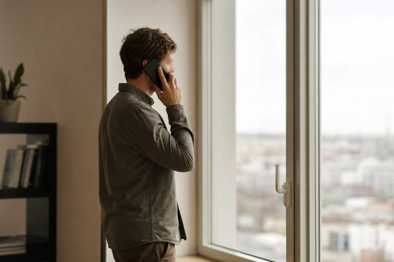 Mężczyzna przy oknie rozmawia przez telefon, spokojna postawa